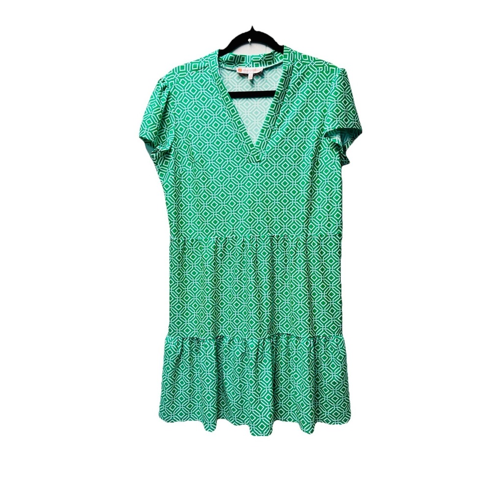 Jude Connally L Green Ginger Dress Geo Tiered Ruffle Boho Coastal Beachy Resort